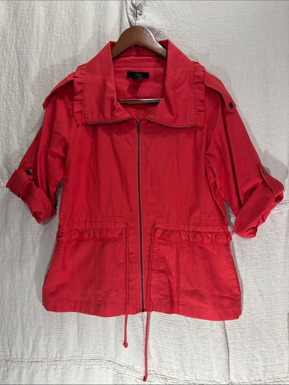 Luii Anthropologie Linen Blend Ruffle Zip Utility Jacket Coral Size Large